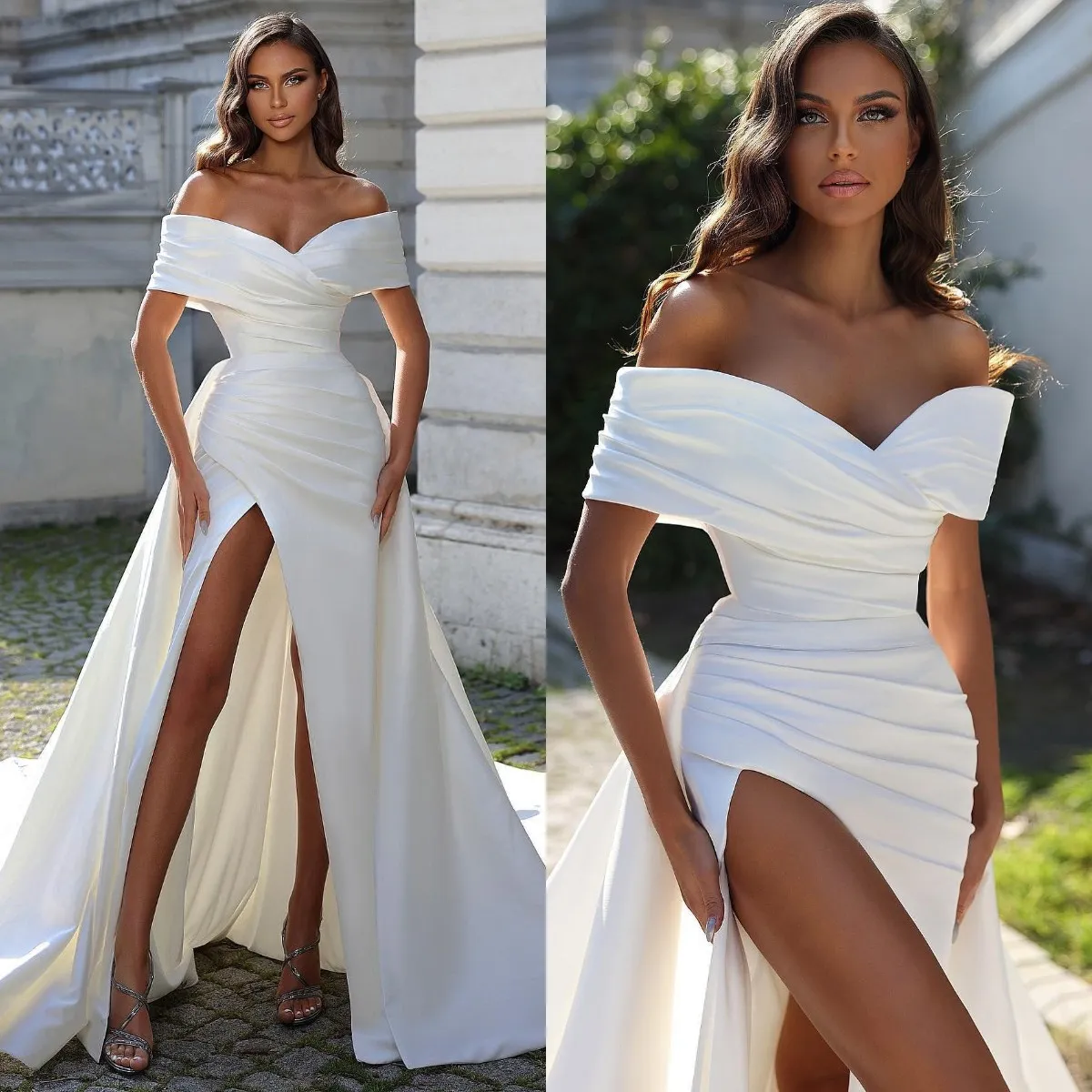 Vintage A-Line Wedding Dress: Off-Shoulder Satin Gown with Pleats  Designer Bridal Shop Now!