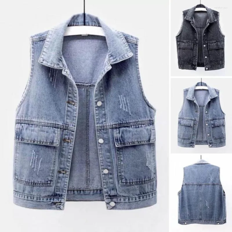 Women's Vests Lady Vest Coat Stylish Sleeveless Lapel Casual Streetwear Jacket With Patch Pockets Loose Fit Ripped For Trendy