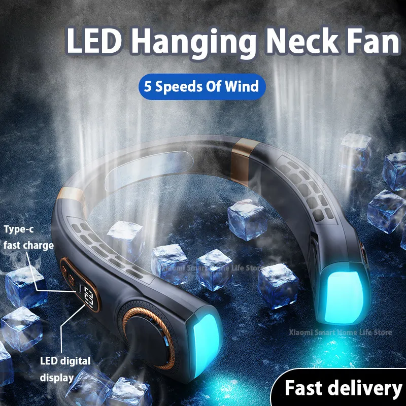 Diğer Ev Bahçesi Taşınabilir Boyun Fan USB Elde Taşınır LED Dijital Ekran Yapraksız Mini Elektrik Fan Renkli Atmosfer Işıkları 5. Dişli 230817