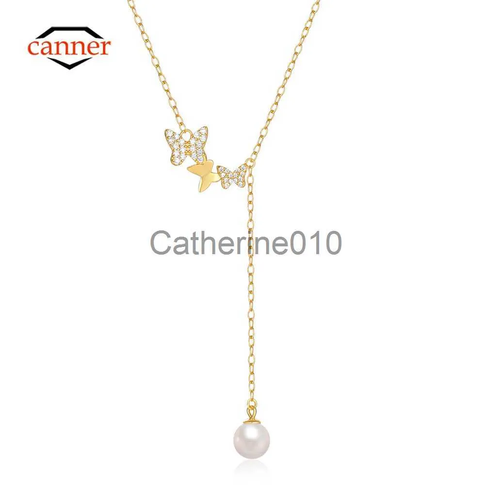 Pendant Necklaces CANNER Butterfly Pearl 925 SterlSilver Necklace For Women Crystal Pendente Long Chain WeddParty Fine Jewelry 18K Gold J230817