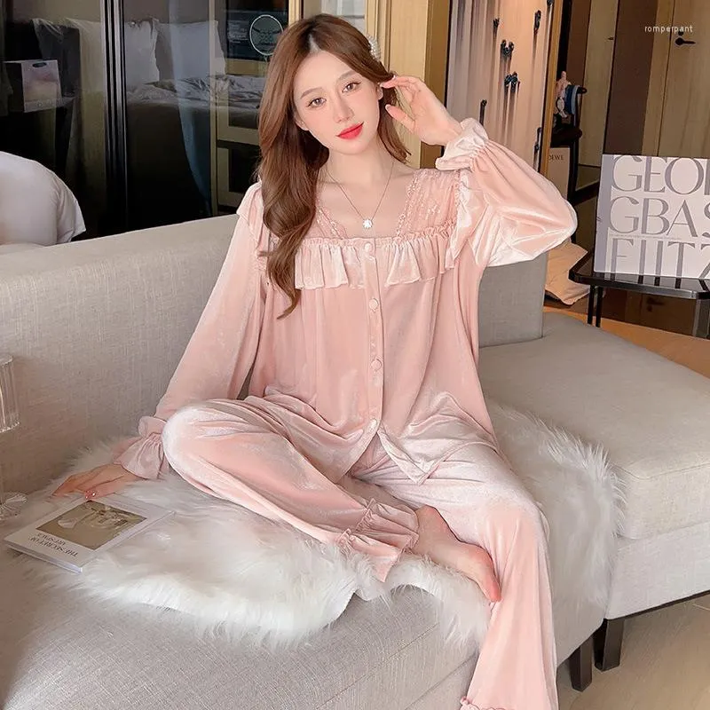 Women's Sleepwear Women Lace Pajama Set V-Neck Pyjamas Suit Homewear Autumn 2Pcs Velour Nightwear Casual Loungewear