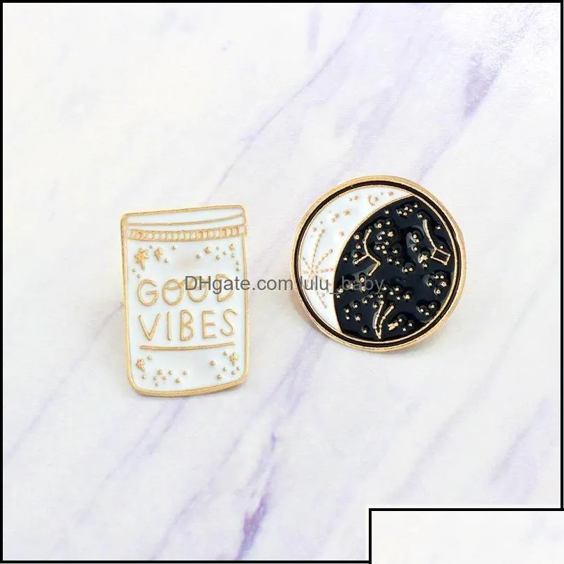 Pins Brooches Pins Jewelry Good Vibes Enamel Pin Constellation Day And Night Moon Brooch Button Denim Jacket Coat Collar Badge Gift 1 Dhw0Z