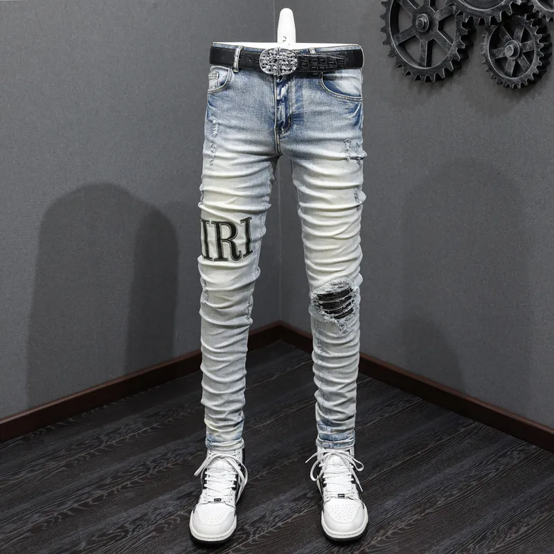 Men's Jeans Street Fashion Men Retro Yellow Blue Elastic Stretch Skinny Ripped Brand Patches Designer Hip Hop Pants Hombre 230816