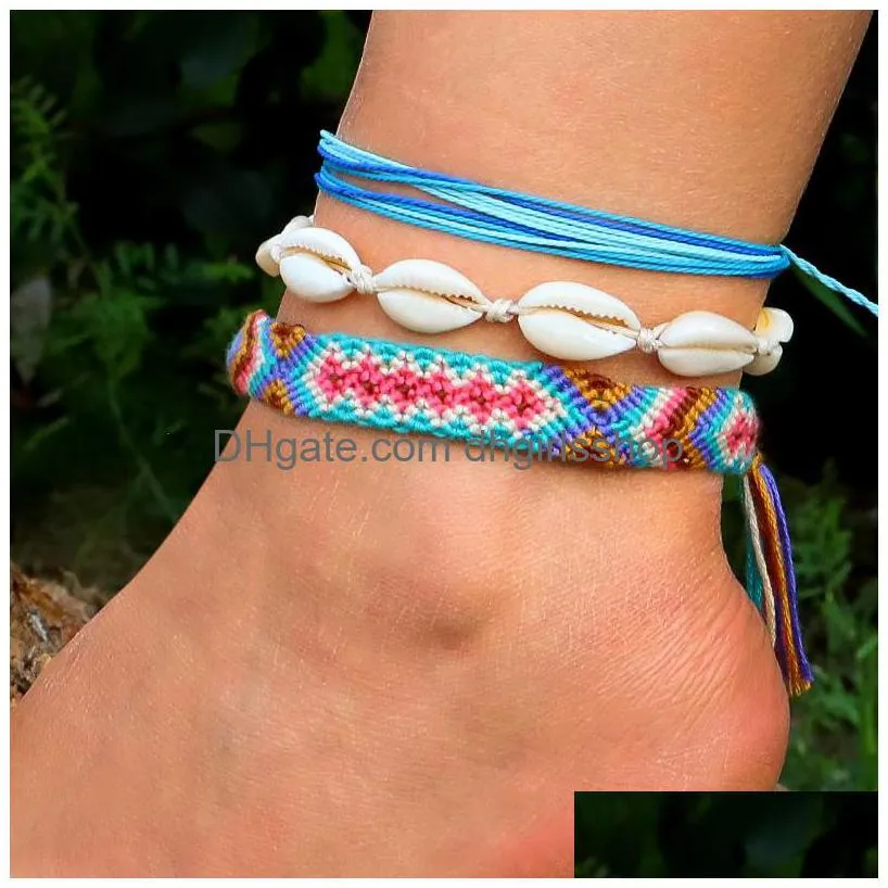 Fußkettchen handgefertigtes gewebter Seil VSCO Shell Fuß Fußkettchen -Knöchelarmband Freundschaft für Frauen Böhmische Strand Boho Leg Schmuck DOUP DH2CL