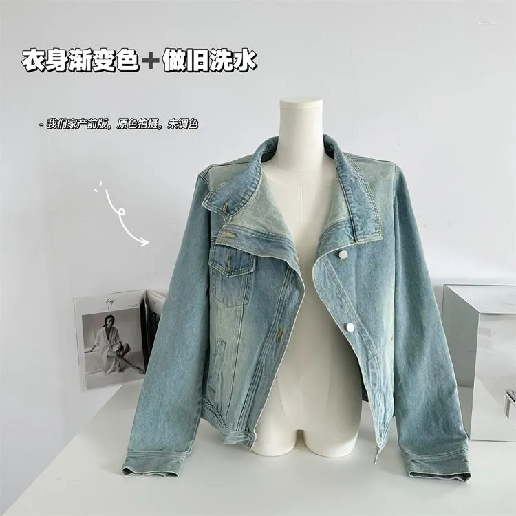 Kvinnor BLOUSES 2023 Spring Fashion Loose Korean Vintage Asymmetric Design Short Jacka Gradient Color Denim Shirt For Women Z191