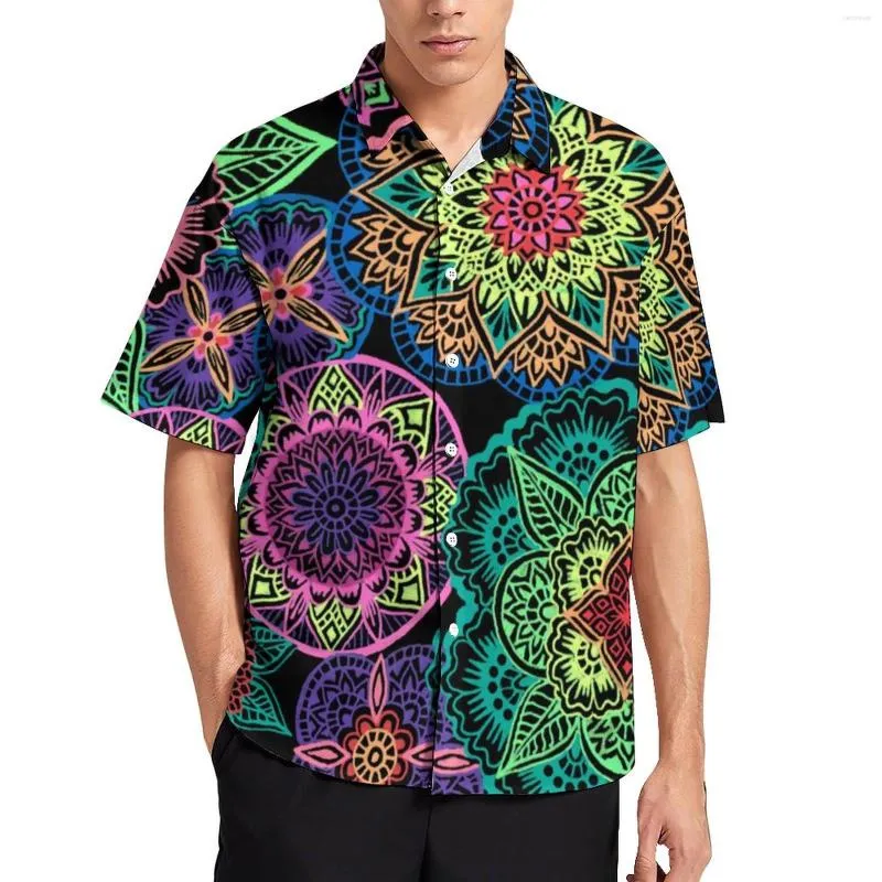 Mäns avslappnade skjortor neon mandala semester skjorta färgglada blommiga tryck hawaii manliga gatakläder blusar korta ärmkläder plus storlek