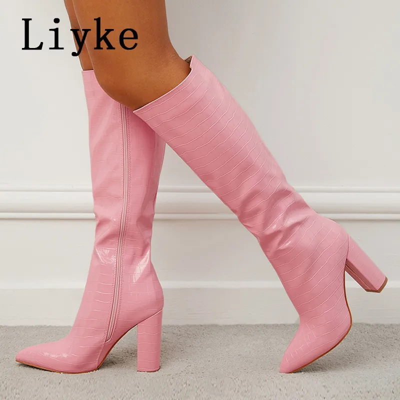 Buty Liyke Spring Autumn Motorcycle Kobiety Wskazany palce u stóp z suwakiem Kolan Masno Pink Snake Print Square Obcasy Party Buty Lady 230817