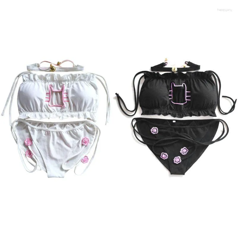 NEW Sexy Kawaii Cat Embroidery Keyhole Hollow Bra and Underwear