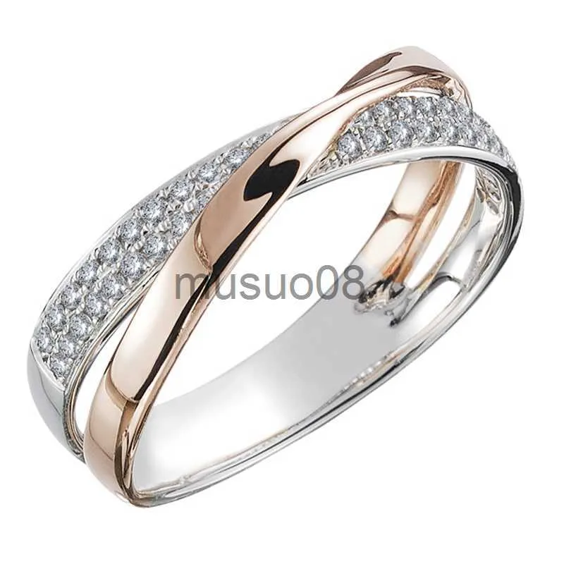 Bandringe Huitan Neuester frischer zweifarbiger X-Form-Kreuzring für Frauen Hochzeit Trendiger Schmuck Schillernder CZ-Stein Große moderne Ringe Anillos J230817