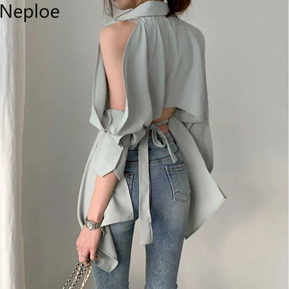 Neploe Women Bluzka Nowa dama pusta wypustka Koszulki mody kołnierza Blusa z ramion Spring Summer Solid Tops 1A822