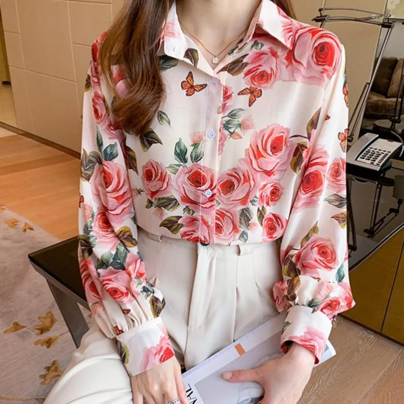 Women's Blouses Rose Print Chiffon Blouse Women 2023 Autumn Elegant Lantaarn Lange mouw Button Up Shirt Woman Kantoor Draag Koreaans losse werk