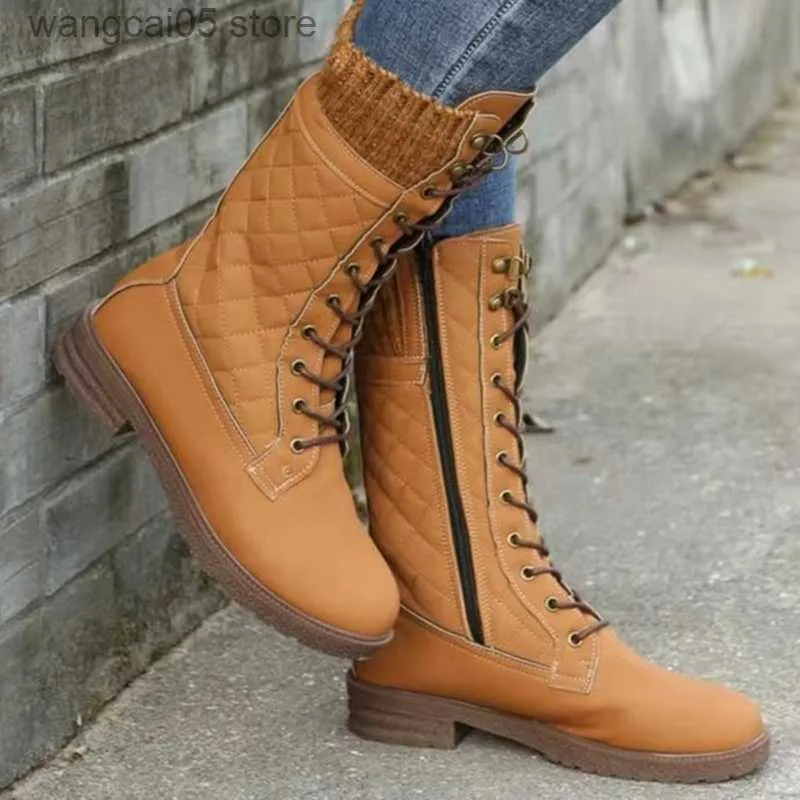 Laarzen herfst winterlaarzen vrouwen midden kalfs laarsjes dames lange laarzen vrouwelijke knie high laarzen zipper ronde teen platform laarzen plus maat t230817