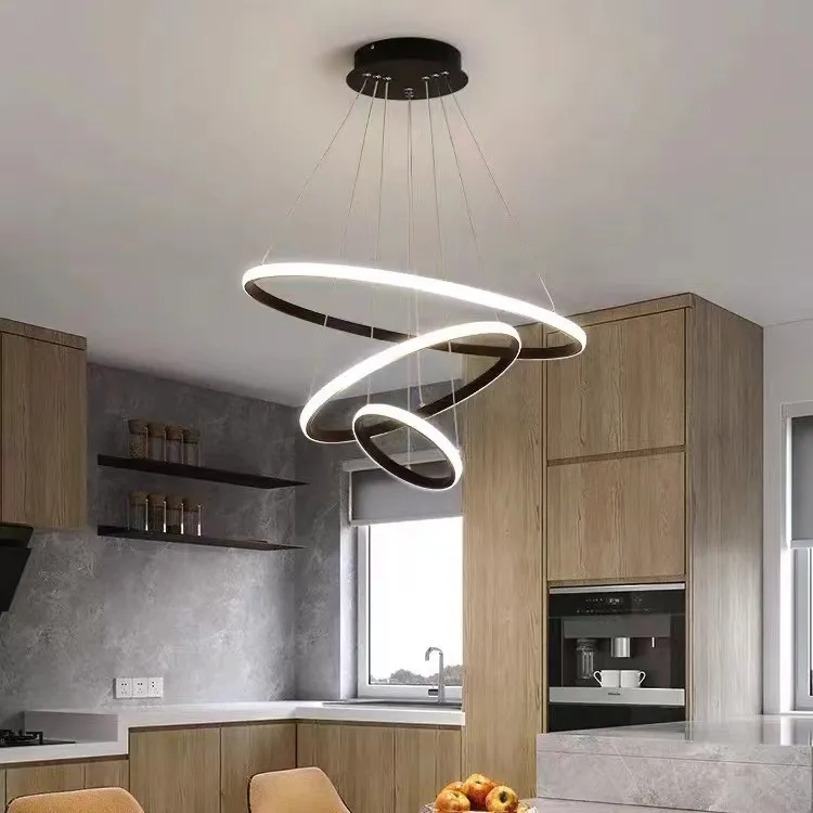 Modern Pendant Lamp Led Rings Circle Tak hängande ljuskrona svart loft levande matsal Kök inomhusbelysning fixtur