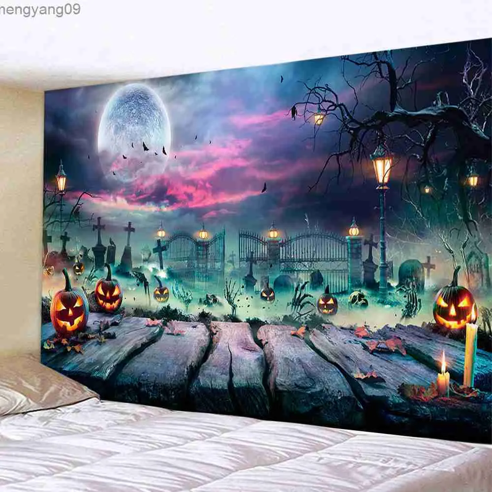 Tapestres Halloween decoração de casa de tapeçaria pendurada hippie decoração de bruxaria Tapiz Pumpkin Lantern Festive Polyester Art Wall Carpet R230817