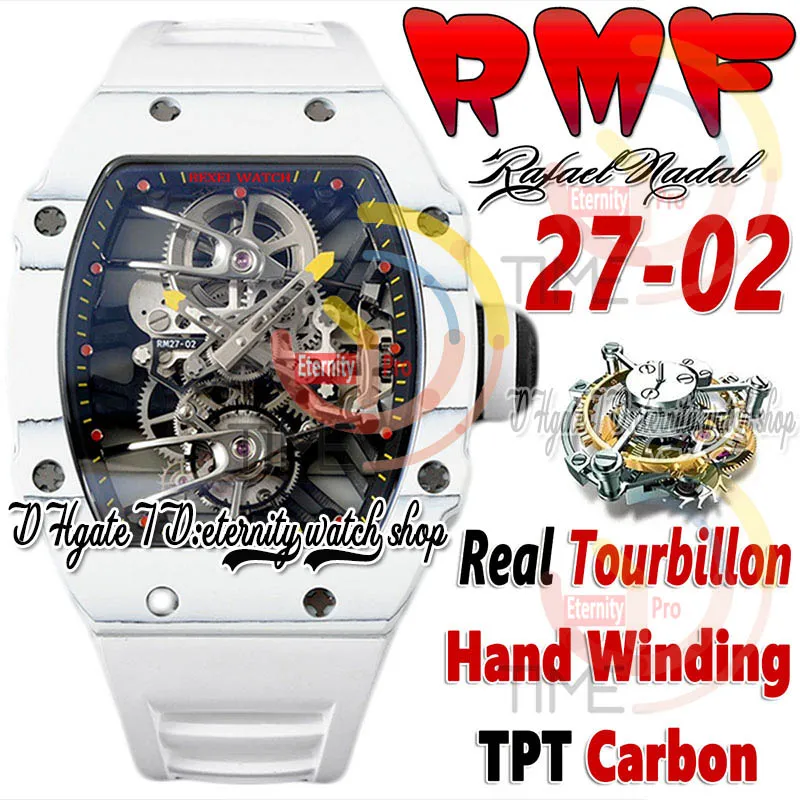 RMF 27-02 Męskie Watch Real Tourbillon Mechaniczne uzwojenie ręki TPT Quartz Fibre Fibre szkielet szkielet biały gumowy pasek 2023 Super Edition Sport Eternity Watches