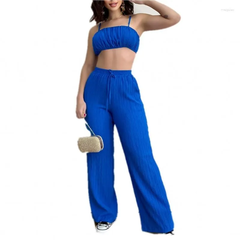 Ethnic Clothing 2023 Summer Women's Fashion Trend Suit Revealing Waist Sexy Suspender Pleats With Wide Leg Trousers Solid Color Two Piece