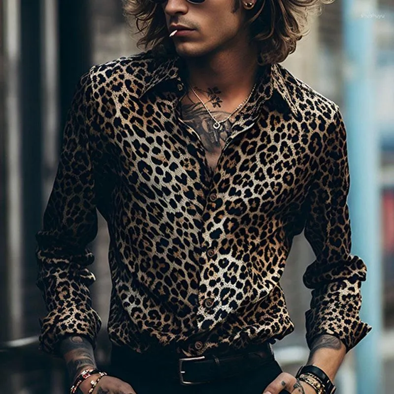 Casual shirts voor heren heren Leopard Print Vintage Button-Up revershemd 2023 Fall Fashion Mens Long Sleeve Streetwear Clothing