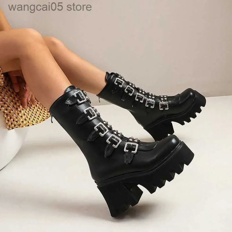 Boots Winter Gothic Punk Womens Platform Boots Black Buckle Strap zipper Creeper Wedges Shoes Mid Calf Military Combat Boots T230817