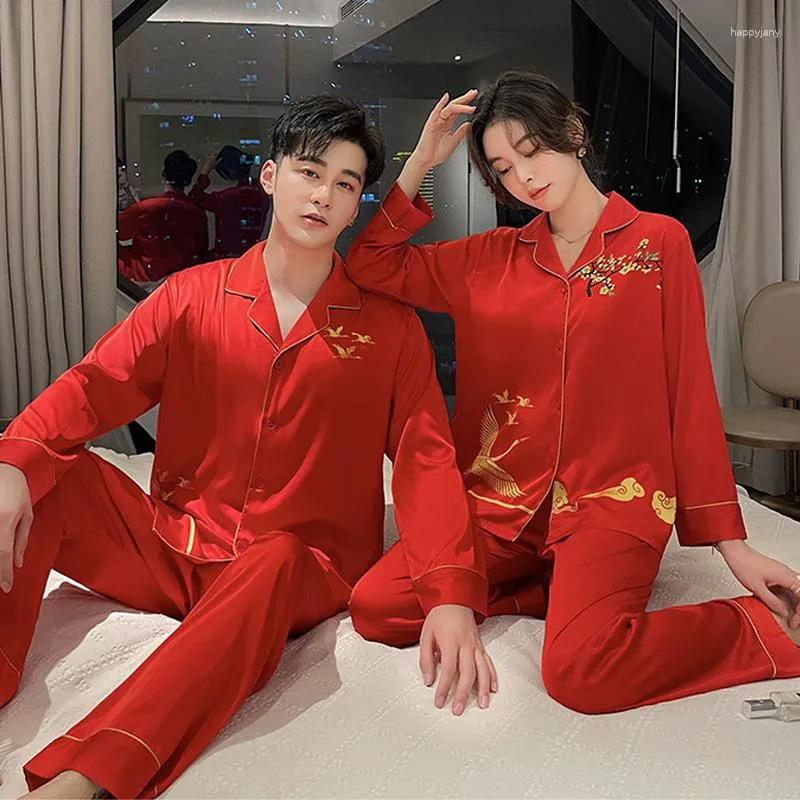 Women's Sleepwear Wedding Pajamas Suit Chinese Pyjamas Women&Men Sleep Set Red 2PCS Shirt&Pants Nightwear 2023 Lovers Home Clothes