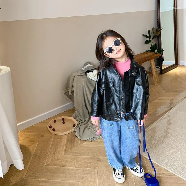 Jackets 2023 Style Girls Boys Pu Leather Coat Autumn Winter Cotton Fashion Full Sleeve Kids Jacket 1-7 Years