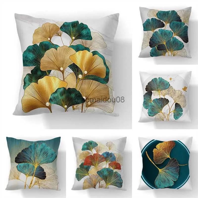 枕ケース45x45cm Ginkgo Biloba Cushion Cover Polyester Black Golden Leaves WAIST CUSHION COVERリビングルーム椅子ソファホームデコレーションHKD230817