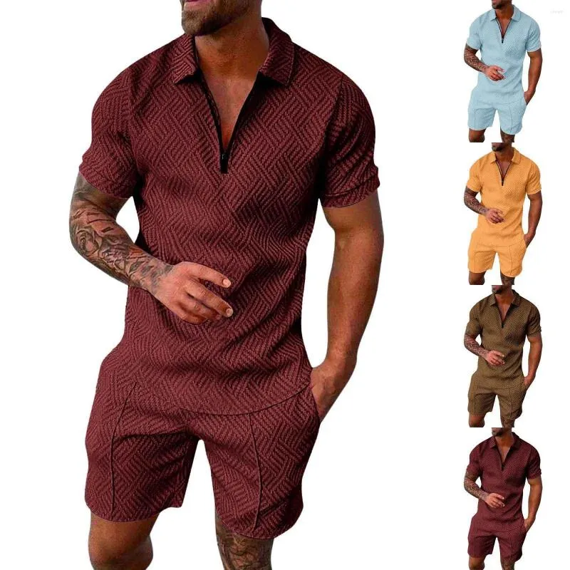 Mens Tracksuits Mens Tuxedo Suits Summer Solid Color 3D Set Flip Button dragkedja Kort ärm Pullover Casual T