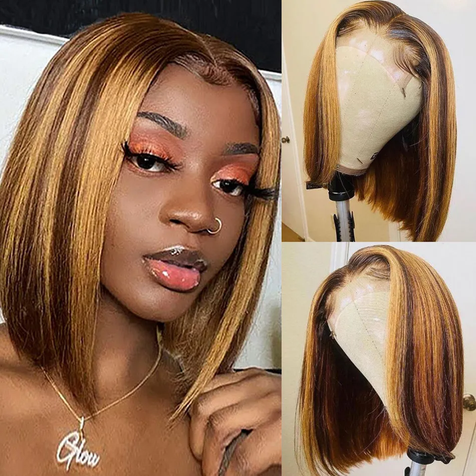 Destaque reto curto bob peruca 13x4 hd transparente renda frontal perucas de cabelo humano para mulheres bob wig ombre londe peruca loira