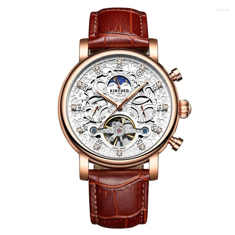 Wristwatches KINYUED Tourbillon Skeleton Watches Men Mechanical Automatic Wristwatch 3ATM Waterproof Watch Moon Phase Reloj Hombre