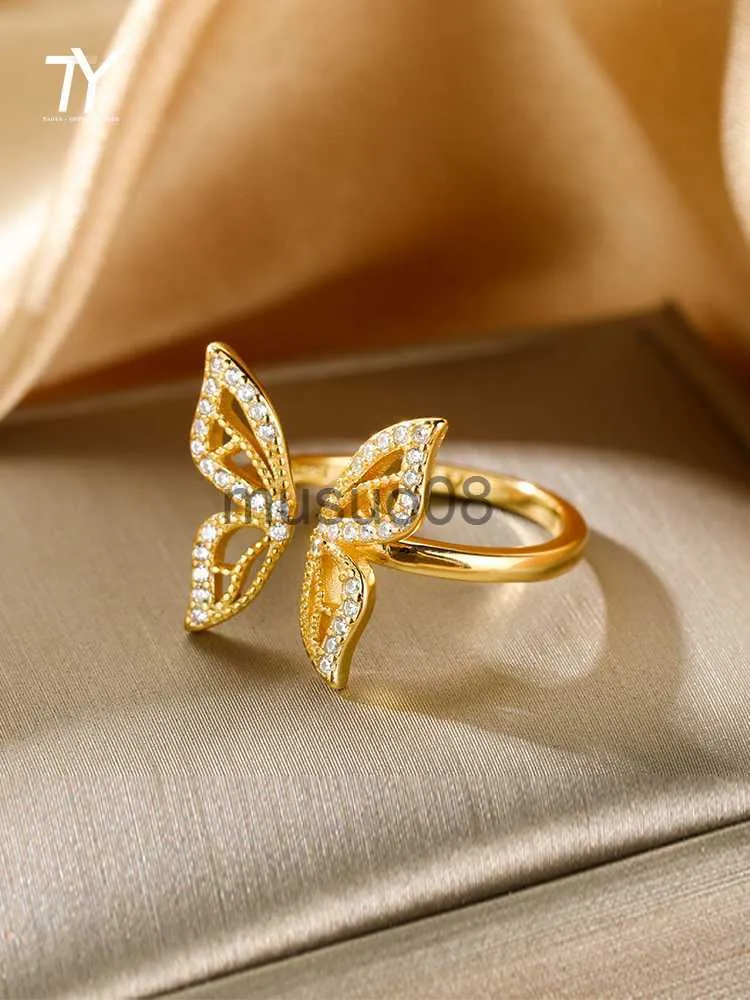 Anéis de banda elegante e doce incrustado zircão ouro cor borboleta anéis para mulher 2021 moda coreana jóias casamento luxo festa meninas anel j230817