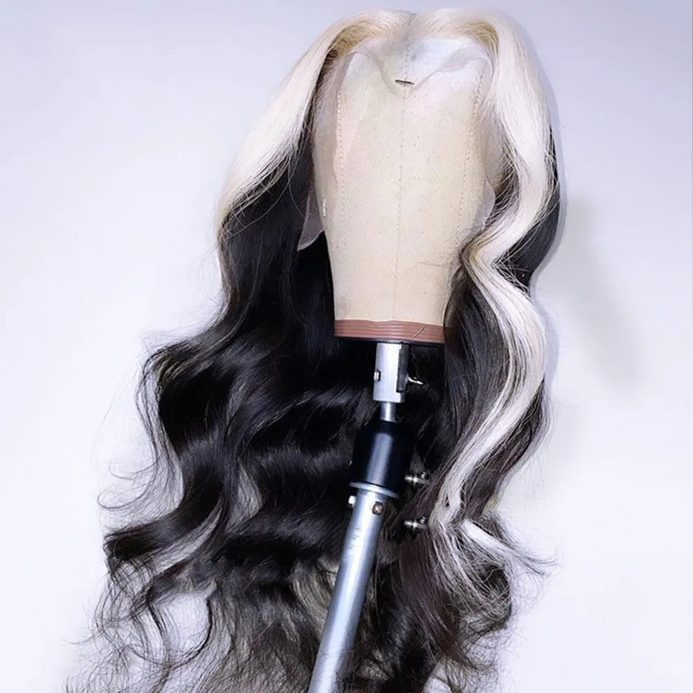 Braziliaans haar Zwart Witte Skunk Stripe Hoogtepaar Pruik 30 inch Body Wave Lace Voorpruik 13x4 OMBRE Gekleurde kant Front Simulatie Haarpruiken voor vrouwen voor vrouwen