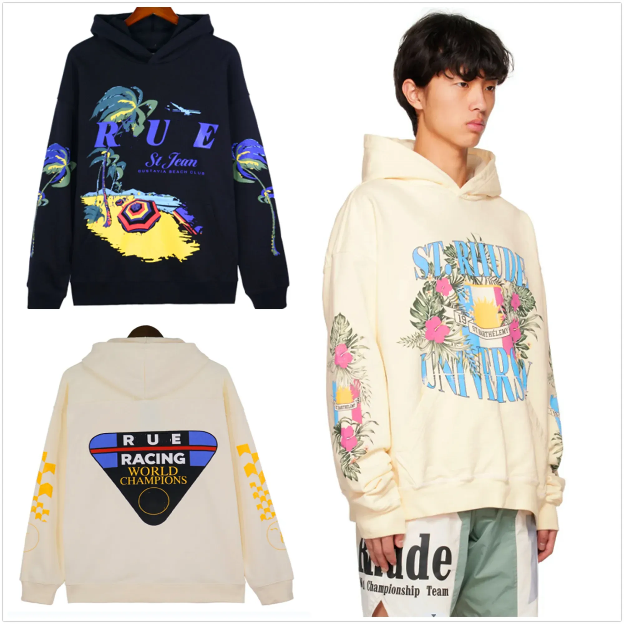 Rhude Kapuzenpullover, Designer-Kapuzenpullover, Sweatshirt, Vintage-Stil, literarische Muster, bedruckt, überschnittene Schulter, locker gemusterter Kokosnussbaum-Druck, Racing-Frottee-Pullover, Kapuzenpullover