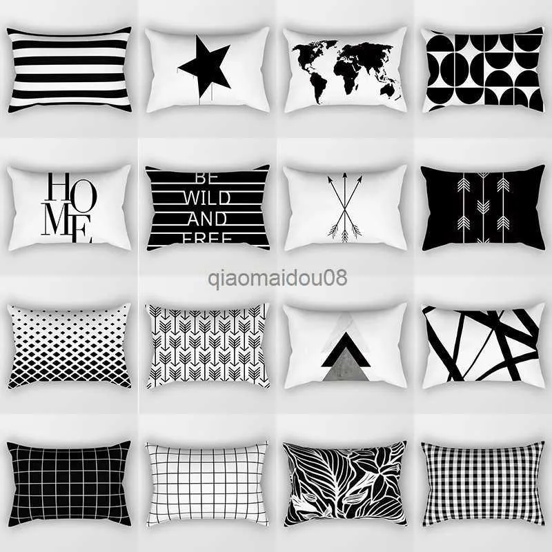 Pillow Case 30*50cm Simple Black and White Geometric Decorative cases Polyester Throw Case Plaid Grid Geometric Cushion Cover HKD230817