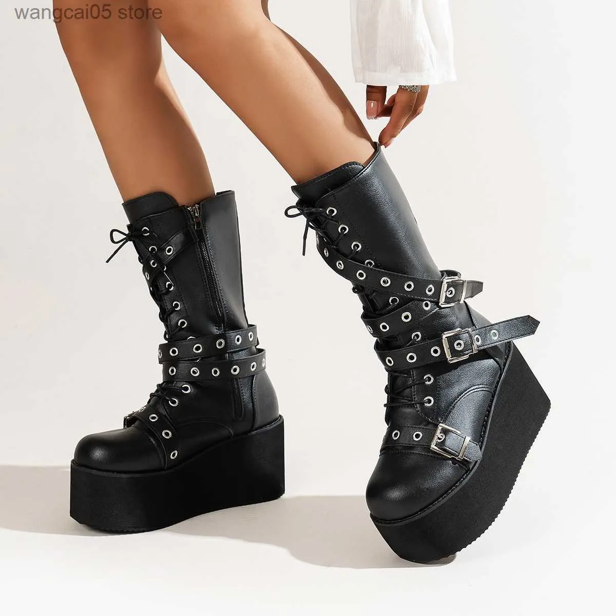 Stövlar plus storlek 43 Autumn Women Boots Buckle Round Toe Wedges Platform Boots Punk Goth Ins Women Street Shoes Combat Boots For Women T230817