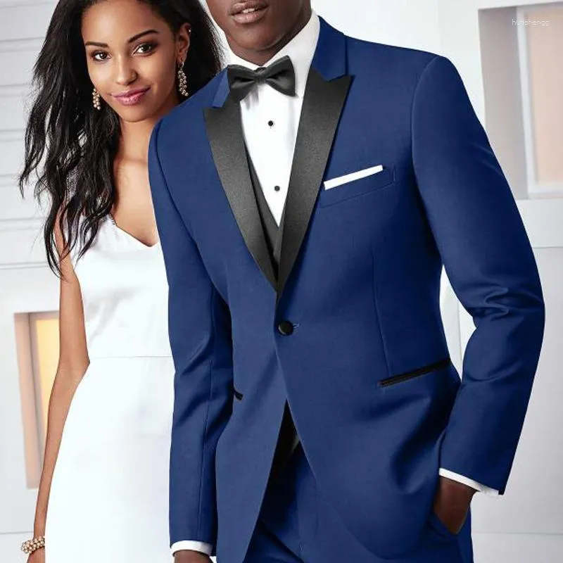 Mäns kostymer Royal Blue Wedding Tuxedos för brudgummen 3 -stycken Slim Fit Men passar formell manlig modeuppsättning jacka med byxor svart väst