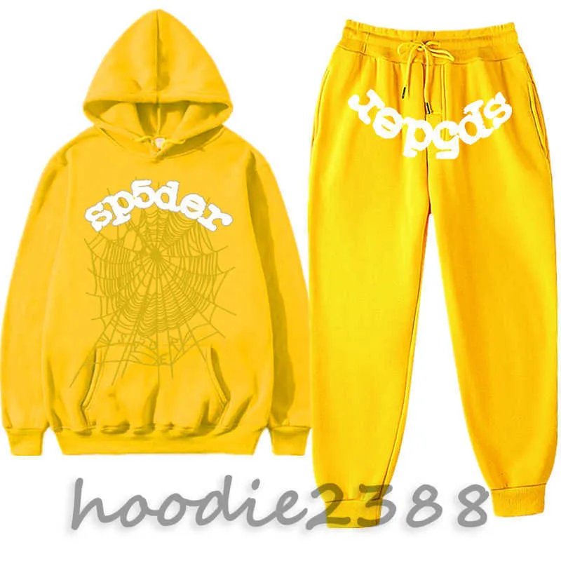 Yellow Hip Hop Athleisure Suit Young Thug 555 Men Women hoodie högkvalitativ skumtryck spindel web grafisk rosa tröjor tröjor