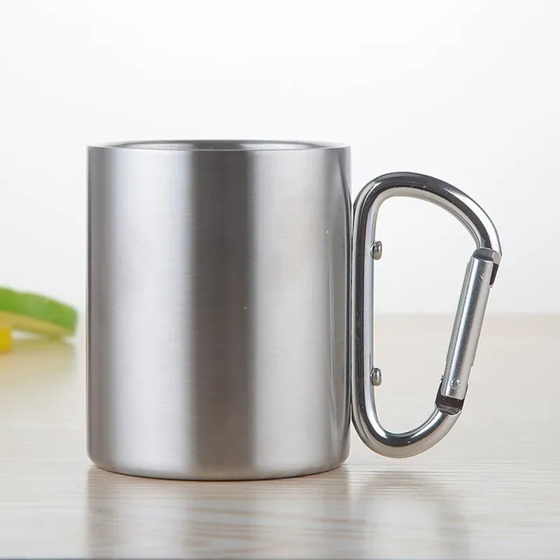 Camping Stainless Steel Carabiner Hook Handle Picnic Water Mug Outdoor Travel Hike Double Cup with Small Mouthzz