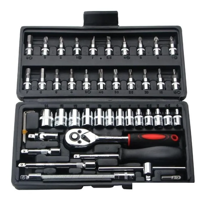 Hand Power Tool Accessories Tools Professional 46Pcs Spanner Socket Set 1/4 Inch Screwdriver Ratchet Wrench Kit Car Repair Combina Dhtla