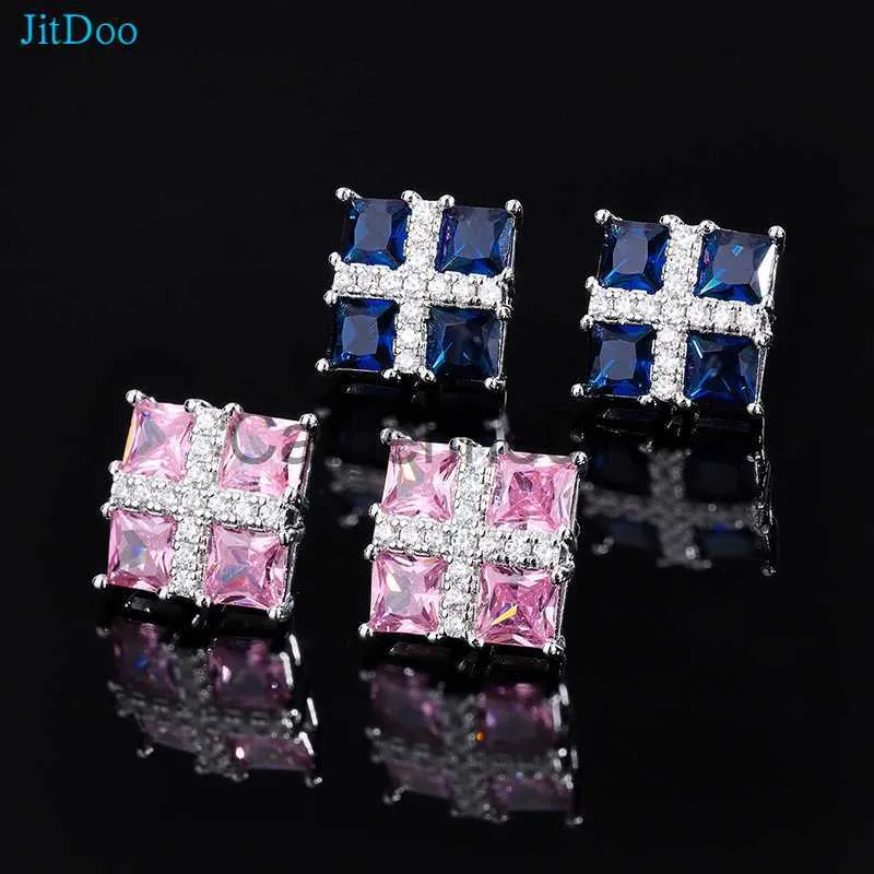 Charm jitdoo prachtige vierkante stud blauwe korund oorbellen voor vrouwen luxe elegante roze kubieke zirkonia Weddengagement sieraden J230817