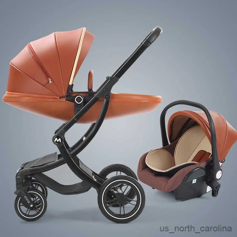 Poussettes # poussette bébé 2in1 / 3 dans 1 chariot de luxe avec siège d'auto-né nouveau-né en cuir haut paysage R230817 Q240429