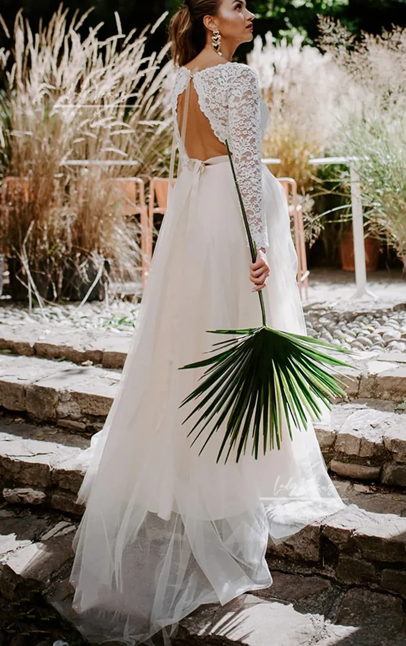 sachin and babi light blue dress Boho Wedding Dress Side Slit Long Sleeves Backless Lace Beach Bridal Gowns  Train main image 1