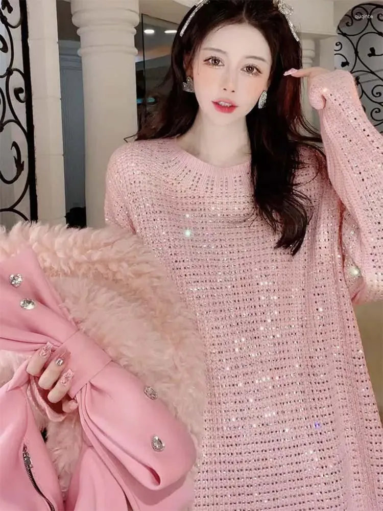 Women's Sweaters O-neck Luxury Full Rhinestone Patched Medium Long Loose  Sweater Pullover Tops