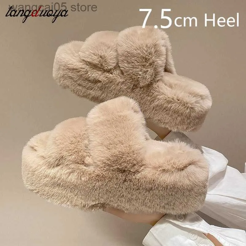 Slippers 7.5cm Plus platform Autumn New Indoor Flat Plush Flip Flops Cotton Slippers Fluffy Faux Fur Shoes Home Women Slipper T230817