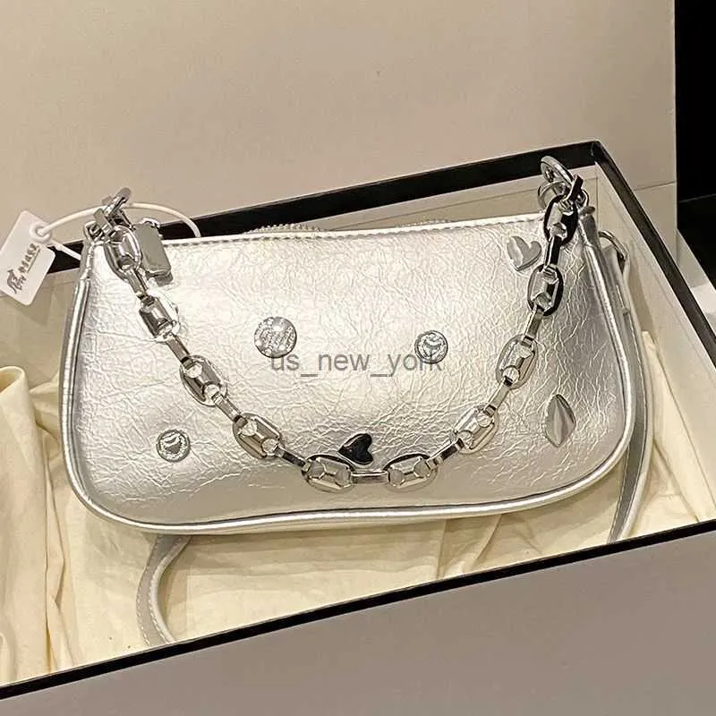 Hobo Fashion Silvery Hobo Armpit Bags PU Leather Shoulder Bag For Women Black Bag Chains Crossbody Bag Luxury Designer Handbag Purse HKD230817