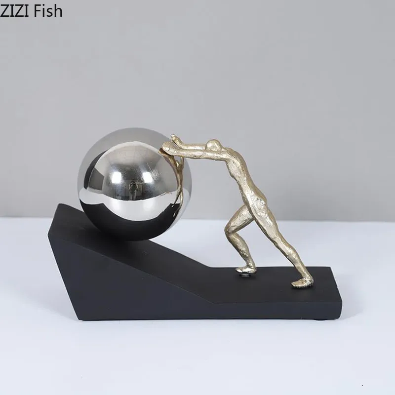 Decoratieve objecten Figurines die het kogelkarakterharsen duwen Sculptuur mythische figuren Sisyphus duwde rollende steenstandbeeld Decoration ornamenten 230816