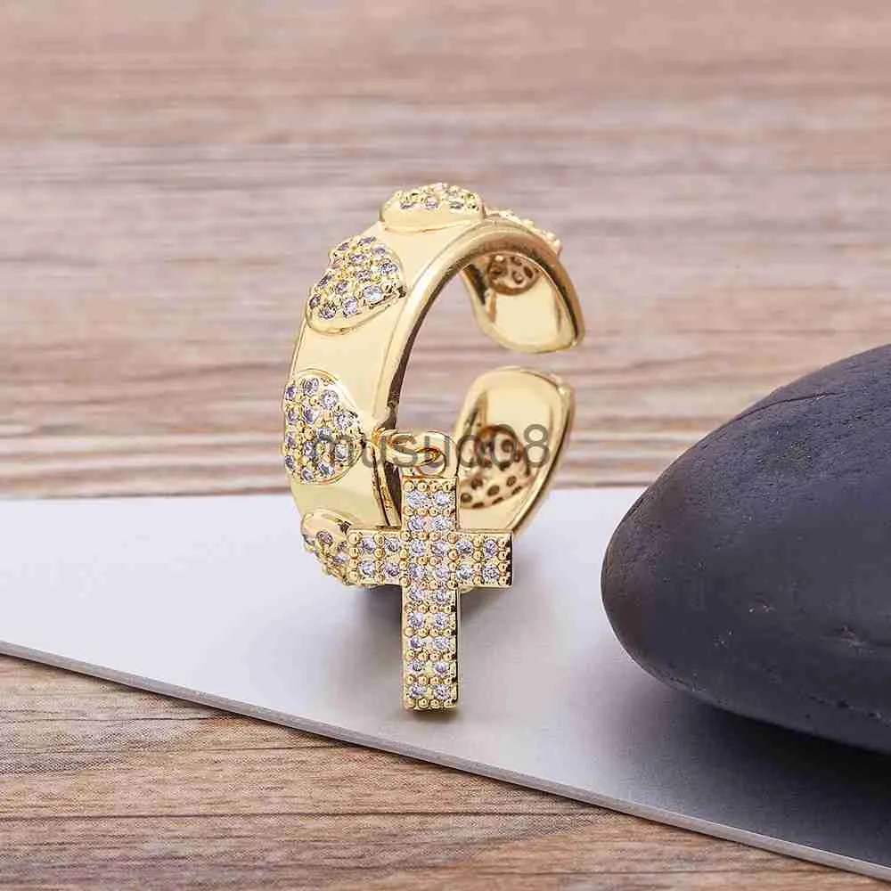 Band Rings Classic Fashion Jewelry Adjustable Open Zircon Rings Cross Pendant Heart Shape Gold Color Women vintage Fingers Party Jewelry J230817