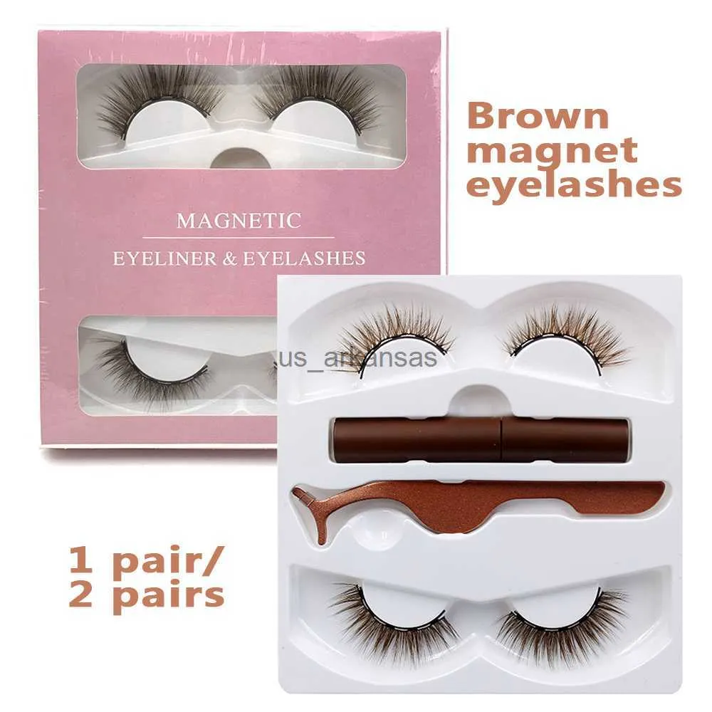 Falska ögonfransar Magnetiska ögonfransar 1/2pairs 3D Magnet Eyeliner Natural False Lashes Waterproof Longing Brown Eyelash Extension Makeup Tools HKD230817