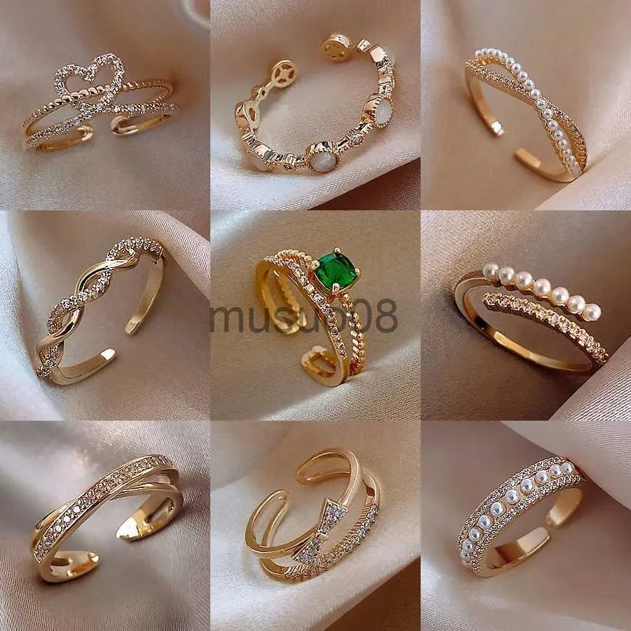 Band Rings Luxury Gold Color Pearl Zircon Rings for Woman Copper Vintage Sexy Open Ring Party Joint Ring Fashion Elegant Jewelry Gifts J230817