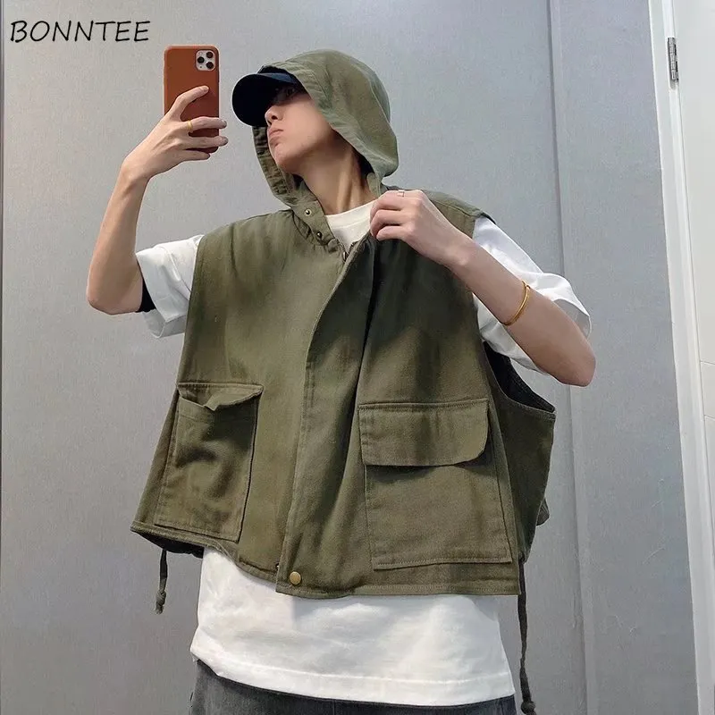 Giubbotti da uomo in pelle in pelle maschile in stile coreano alla moda alla moda autunno senza maniche con cappuccio tattico tutti abbigliamento match bf militare harajuku coltivato per leisure 230816