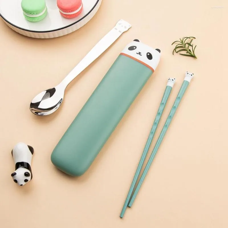 Servis uppsättningar reser hem söt panda silikon non-halp rostfritt stål pinnar sked set cutlery tabell