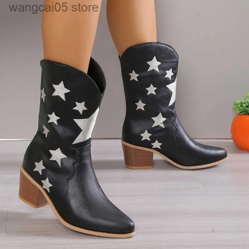 Stövlar 2023 Nya kvinnors broderade Western Knee High Boots Cowboy Cowgirl Boots Chunky Heel Platform Boots Women Western Shoes T230817